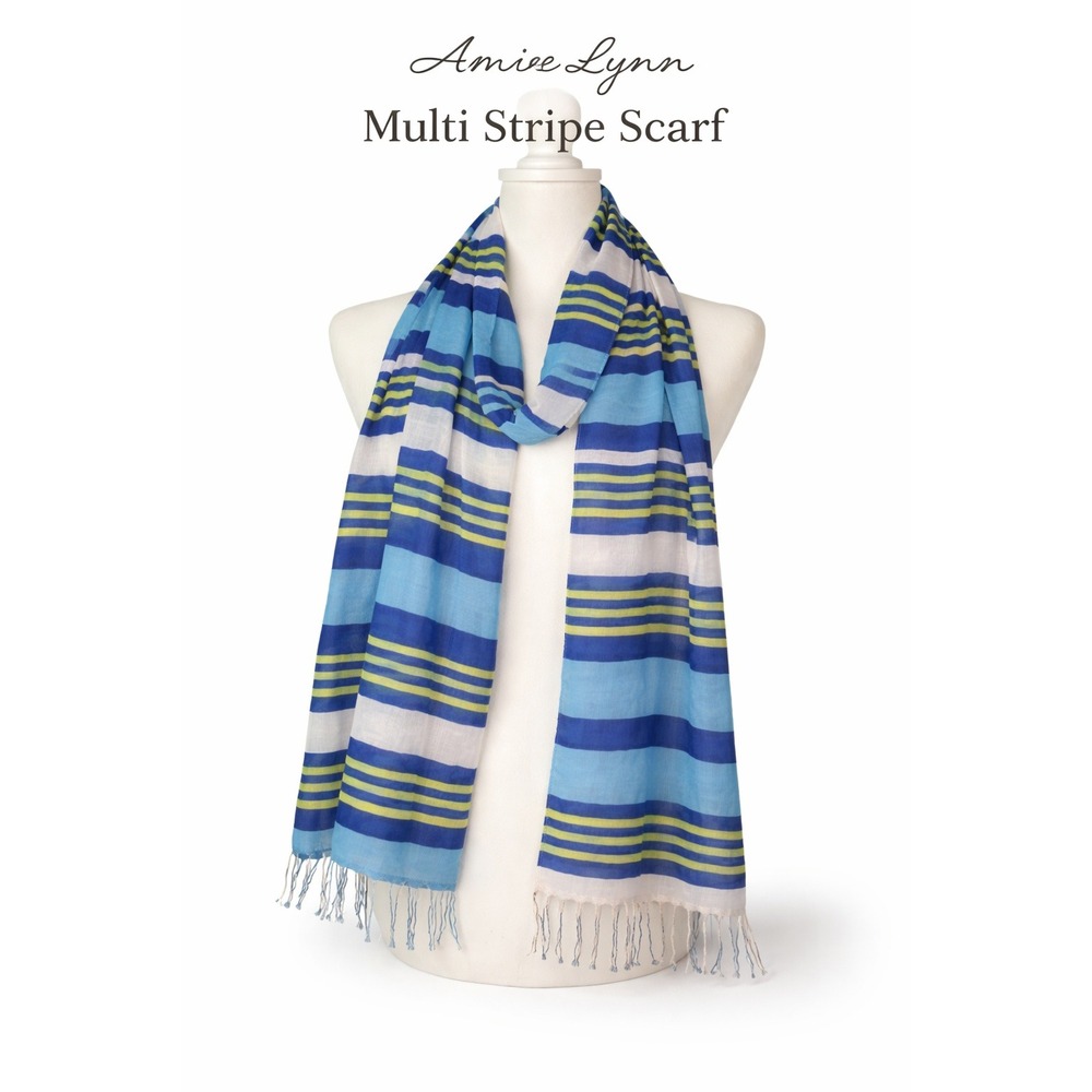 Amiee Lynn Multi Stripe Scarf Blue Navy Lime Green White Raw Fringe A230129/81